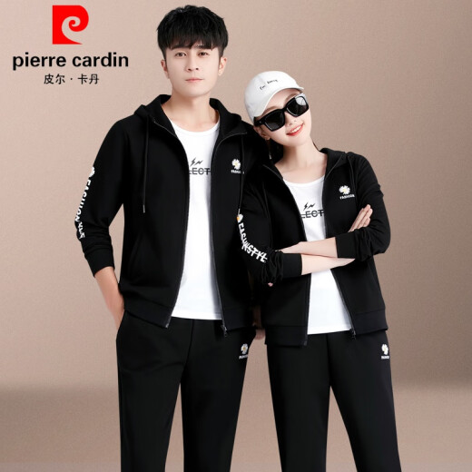 Pierre Cardin (light luxury brand) special daisy print couple's outfit for autumn new hooded cardigan long-sleeved stand-up collar sports suit spring and autumn style knitted black [short T three-piece suit] male 4XL [recommended weight 176-195Jin [Jin equals 0.5 kg], ]