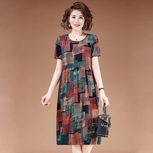 Wixuan kleine Mutter Baumwollseide kurzärmeliges Kleid mit mittleren Längen mittleren Alters mittleren Alters mittleren Rocks mittleren Alters und ältere Frauenkleidung 40 Jahre alt 50 Frauen Nr. 1 681 Inschrift XL [Vorschläge 95-115 Jin [Jin gleich 0,5 kg]] Alle Größe