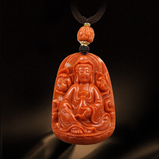 Classic natural Taiwan Momo deep sea organic gemstone coral hand-carved Guanyin pendant