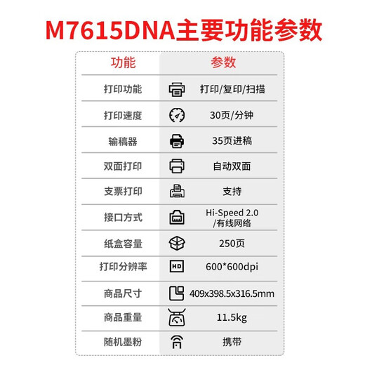 Lenovo A4 Schwarz-Weiß-Laser-Doppelseite Dokumente Feeder-Drucker-Drucker-Kopier- und Scan-Multifunktionsmaschine M7615 DNA Automatisch doppelseitige Dokumente Feeder Drahed Network Standard: Neues Maschinen- + Originalpulverboxpaket kann Pulver hinzufügen