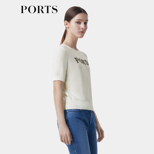 PORTS Women's Clothing Shopping Mall The same style as early autumn versatile soft focus beads printed knitted T-shirt LP9K719SKT021 Milk White XS