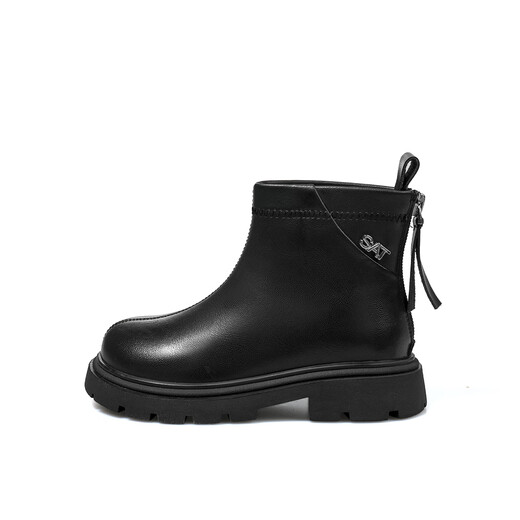 Saturday Children's Shoes Girls Leather Boots Autumn and Winter New Simple Versatile Girls Chelsea Boots Plus Velvet Black 36