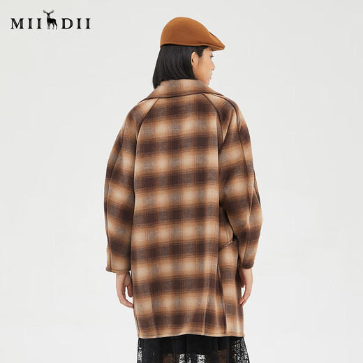 谜底2022冬款复古时尚文艺格纹中长款羊毛呢大衣外套女229MD6197 暗咖 M