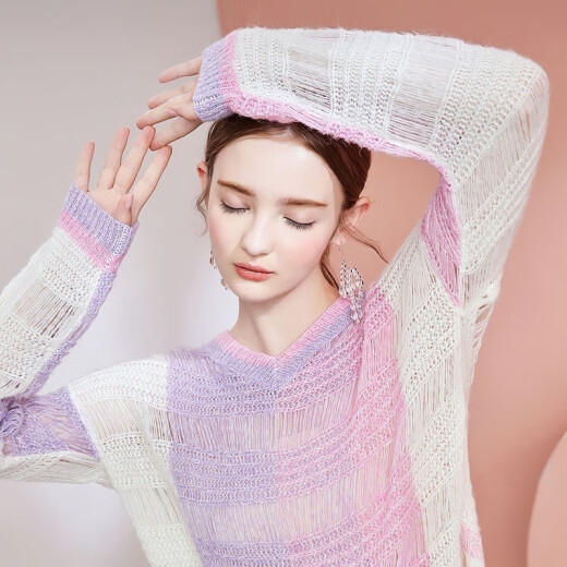 [Same style in shopping mall] Tangli autumn new pink and purple loose pullover hollow mohair sweater for women pink and purple S