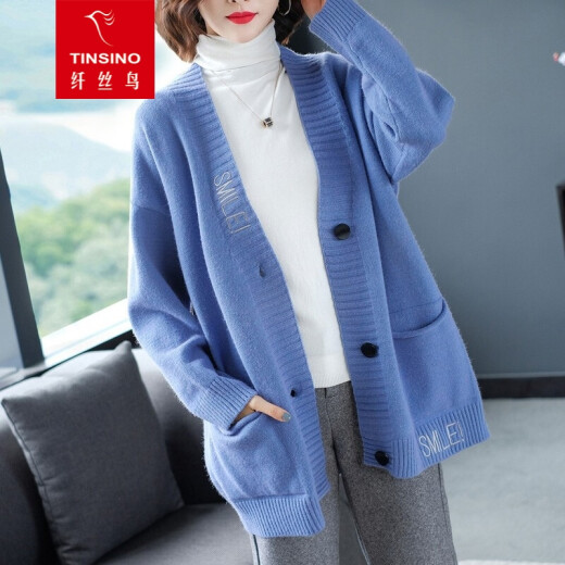 Filament Bird Knitted Sweater Women's 2021 Autumn and Winter New Korean Style Loose Embroidered Knitted Cardigan Women's Casual Commuting Sweater Jacket Blue M
