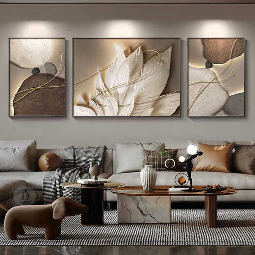 Meiyou Chunshi runs simple modern living room sofa background wall decoration painting light luxury high-end triptych painting feather hanging painting JD13796 left and right 35*50 middle 70*50 crystal porcelain aluminum alloy black frame