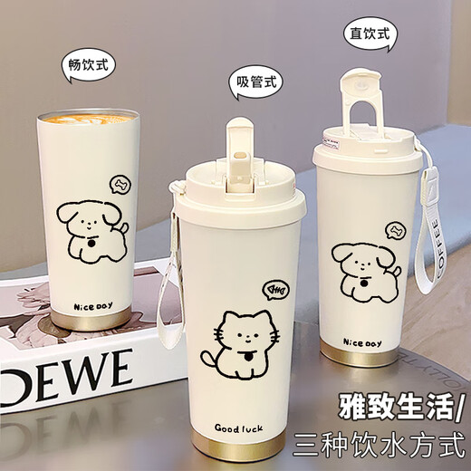 云勉猫咪保温杯不锈钢学生女款高颜值吸管大容量车载保冷杯咖啡双饮杯 FA1392线条猫 316内胆520ML配挂绳