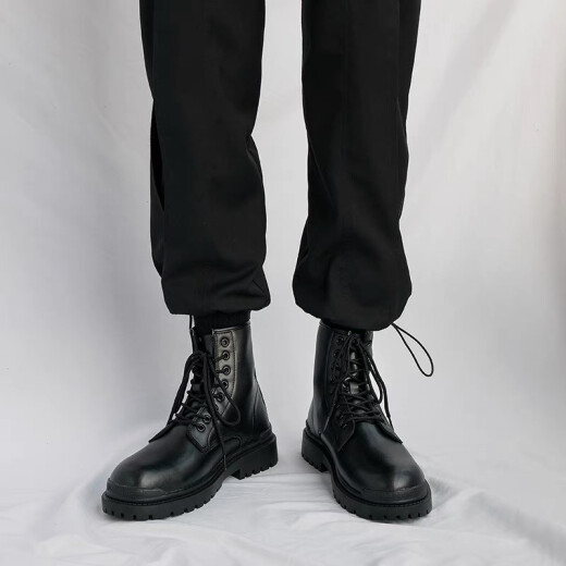 Jingmai [Cowhide] Martin Boots Zapatos de cuero alto de los hombres Ropa de trabajo de estilo mediano British Motorcycle Negro y otoño Autumable Atendy Trendy Lace-Up [Spring and Summer Style] 43 Código estándar