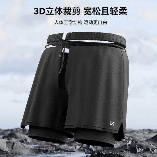 Keep swimming trunks men's anti-embarrassing double-layer loose swimming trunks swimming goggles swimming cap swimming trunks set black three-piece set XL