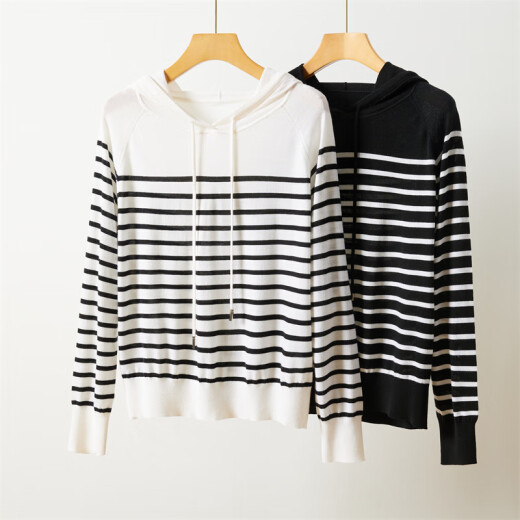 Pash Greater Hoodie Frauen 100% Wolle 25 Frühling neuer Kapuzenstreifen Top Strick Sweater PR-1047 Weiß L.