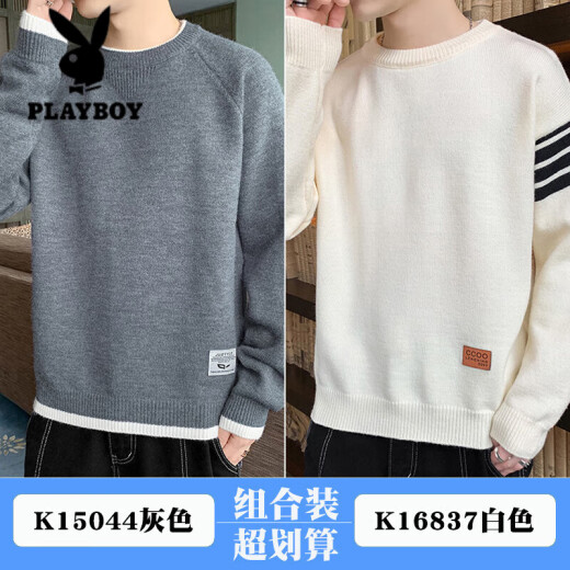 花花公子（PLAYBOY）毛衣男款2024春秋季潮牌上衣服圆领套头针织衫秋冬装日系复古外套 K15044灰色+K16837蓝色 M