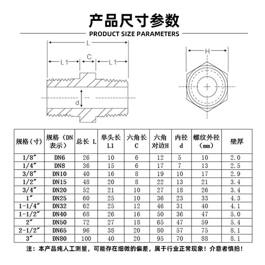 304/316L stainless steel hexagonal wire NPT resistant to 210KG high pressure pipe fittings 3000LB double-ended external wire internal joint 304DN20=6 points=3/4