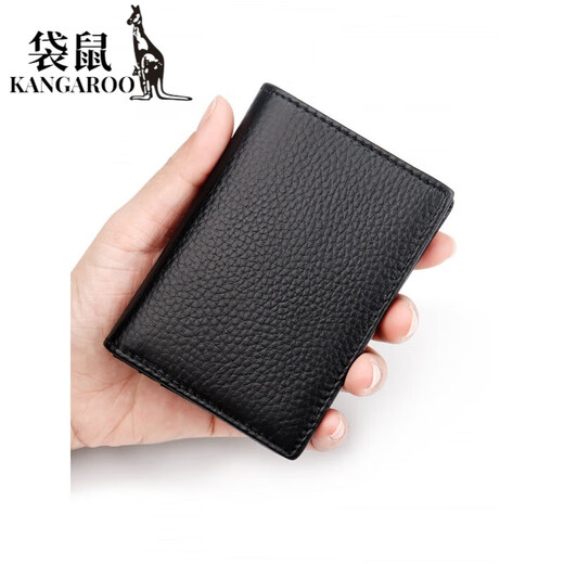 袋鼠（KANGAROO）真皮卡包名片夹 相片位卡包加厚卡包头层牛皮银行卡包 黑色