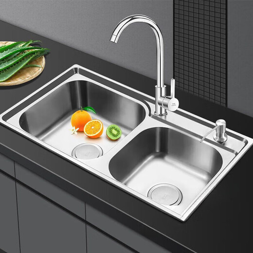 Aoyanlai kitchen 304 stainless steel sink double-slot thickened wash basin wash basin sink package double basin wash basin brushed thickened 80*43 package C sink + thick drain + hot and cold faucet