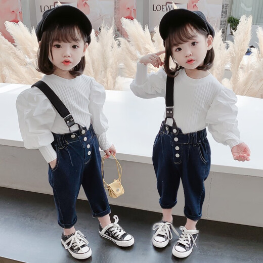 Haizhile Children's Clothing Girls Autumn Clothing Set 2021 New Children's Overalls Two-piece Set Western Style Three-Year-Old Baby Girl Autumn Little Girl Clothes Trendy Dark Blue 90 Size Recommended Height 90cm