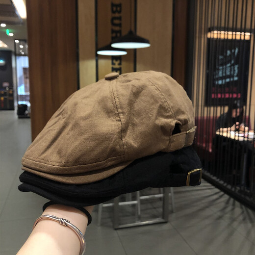 Woodpecker Korean version autumn retro solid color cotton and linen forward hat large head circumference 60 summer thin men and women vintage reverse wearing beret coffee color suitable for (56-60cm) head circumference