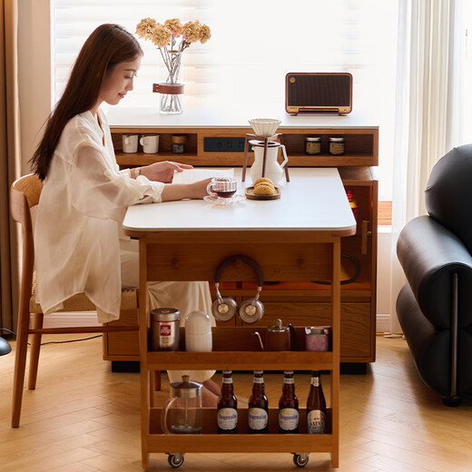 Xizhi solid wood island table integrated retractable small household slate rotating multi-functional storage sideboard cherry wood 1 meter island table + 1.2 meter dining table