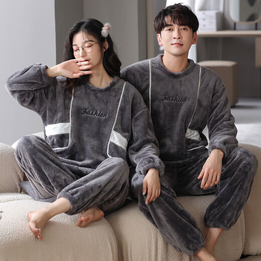 Modal couple pajamas autumn and winter thickened coral velvet men's and women's flannel warm and cute cartoon large size home clothes set QH8211 hooded fleece L male + female M