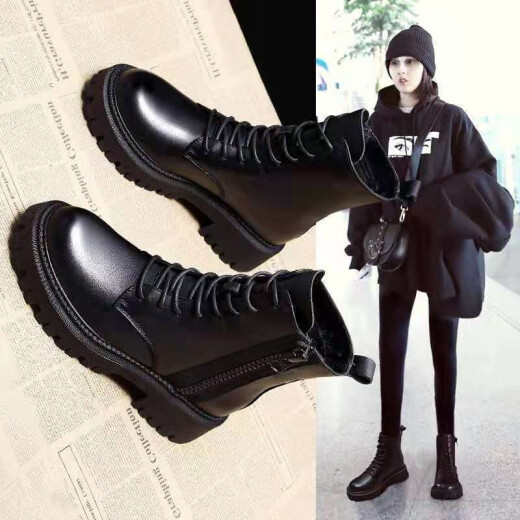 Gardenia Martin Boots Women's New Velvet Women's Cotton Shoes Fashionable White Shoes Women's Boots 2022 Autumn Short Boots Women's Korean Style Casual Shoes Warm Leather Boots High-Top Shoes Women's G-18 Black [Fleet] 37 (Priority Shipping)