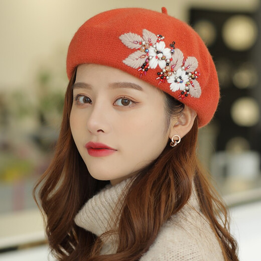 Xiangxue Yuxiu beret women's autumn and winter retro British Korean version versatile hand-embroidered wool painter hat Japanese pumpkin hat beige