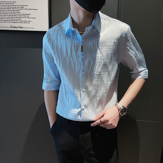 
Meloban summer ice silk short 7-quarter sleeve shirt men's trendy brand handsome men's clothing shirt Korean style slim 7-quarter sleeve shirt white L