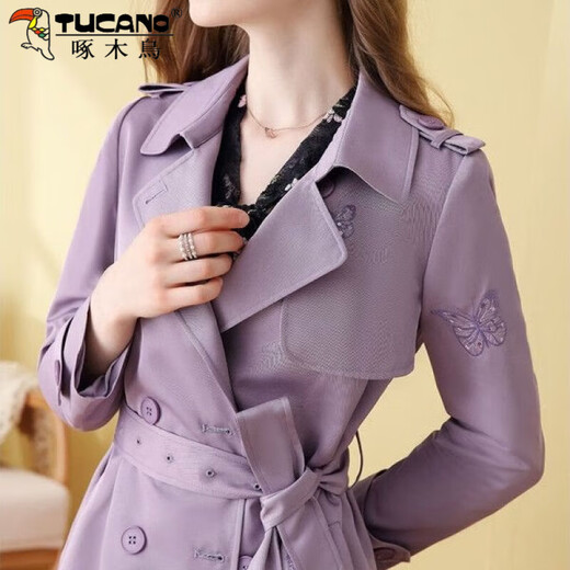 
Woodpecker slim windbreaker for women mid-length 2025 spring and autumn new autumn style jacket for gift cloth belt Purple [normal lining] S 90-100