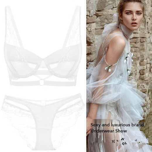 Victoria Palace Large Size Bra French Sexy Underwear Sexy Ultra-Thin Strap Big Breast Showing Small Underwear Anti-sagging Lace Bra Black Set Bra + Panties 75/34B with M Size Panties