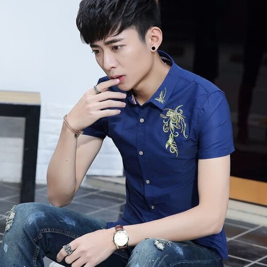 XCFREHT thin summer new short-sleeved shirt men's Korean style student handsome slim embroidered casual shirt men's trend 829 white M 80-100Jin [Jin equals 0.5 kg]
