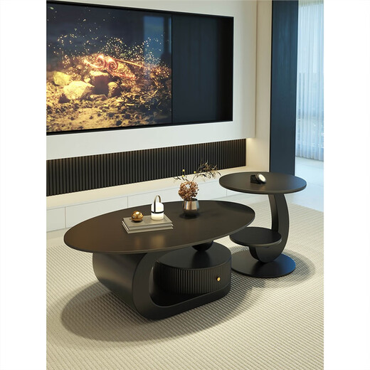 New oval slate coffee table modern simple living room household light luxury high-end small apartment tea table combination black frame drawer fish belly white 100+50*50 fish belly white