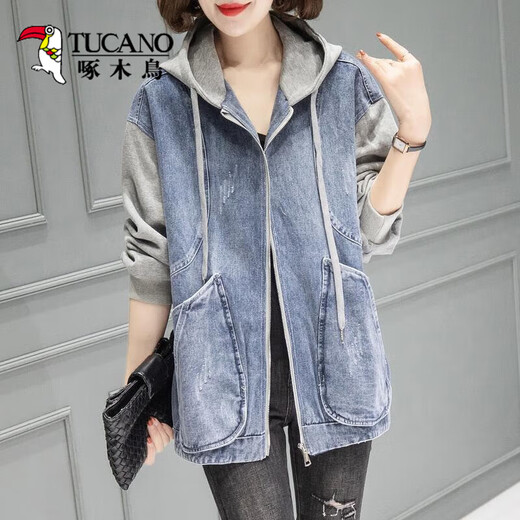 Woodpecker denim jacket women's short 2025 spring and autumn new Korean loose hooded casual baseball uniform top 9887 models L 112-123Jin [Jin equals 0.5 kg]
