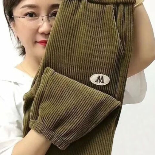 栩欧灯心绒裤高腰中年妇女穿的超细灯芯绒女士裤子中老年女装秋冬新款 9196/芥黄绿 【加绒加厚】 3XL 推荐136-155斤