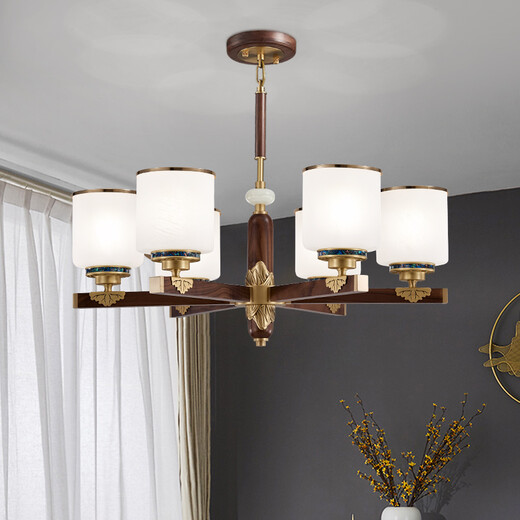 Cobre Heart Woody NUEVA CANDELIER CHINA COPAR Lámpara de sala de estar de estilo chino Antiguo restaurante de nuez negro dormitorio Ligera de madera sólida Candelier J9731-5 Cabeza [con bombilla de tres colores]