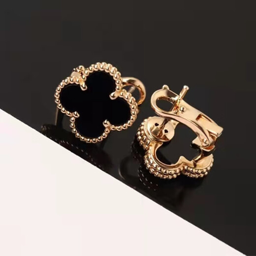 Yuyun non-fading pure 999 silver four-leaf clover earrings for women, rose gold earrings, temperament ear buckles, ear claps, practical and heart-warming wife ear claps - rose gold, black onyx 1.5
