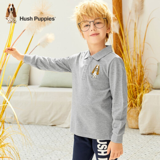 Hush Puppies children's clothing boys and girls POLO shirts spring and autumn new style medium and large children's flip-up shirts children's T-shirts classic long-sleeved polo shirts brother and sister trendy tops bottoming shirt floral gray 160cm