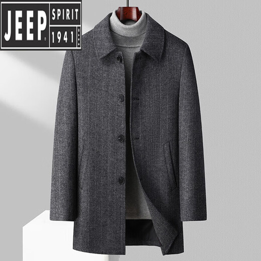 
JEEP SPIRIT Cotton Clothes Men's Autumn and Winter Trench Coat Wool Coat with Cotton Thick Tweed Coat Lapel Grey 3XL