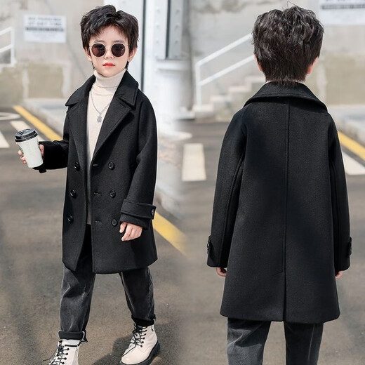 Disney (Disney) Boys Korean Version Thick Woolen Coat Children's Autumn and Winter New Double-breasted Medium-Length Woolen Windbreaker Coat Lake Green Cotton and Thickened Winter Style L-140 Recommended Height 130cm