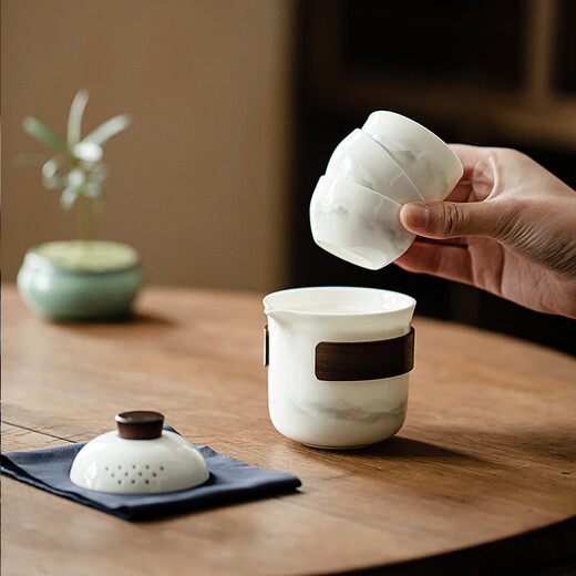 Yi Nian Fangyuan Suet Jade White Porcelain Kung Fu Tea Set with Tea Tray B&B Hotel Ceramic Teapot Tea Cup Hand-held Pot Simple Ink Style One Pot Three Cups + Black Square Plate + Bag
