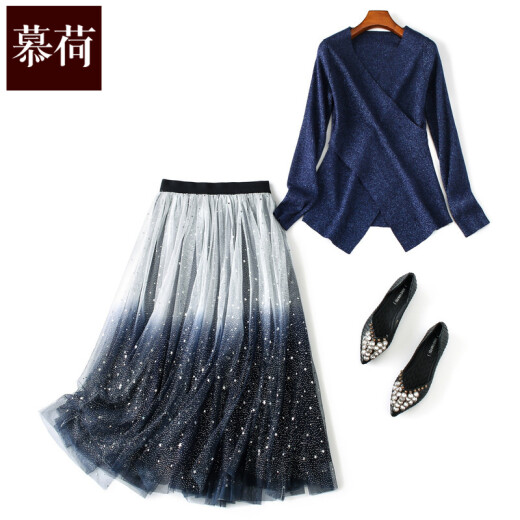 Muhe mesh skirt suit 2022 women's new style feminine sweater gauze skirt suit two-piece suit skirt navy blue S