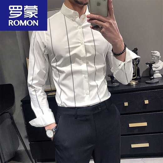 Romon Spring и летняя стройная рубашка мужская ощущение бесплатного гладкого с длинным рукавом тонкая полосатая белая рубашка дюйм повседневная C15888 Black M