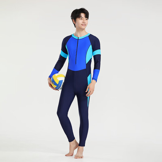 Yosoci one-piece swimsuit men's long-sleeved long pants wetsuit swimming training sunshade quick-drying elastic comfortable surfing suit KYL2381 (blue) XL