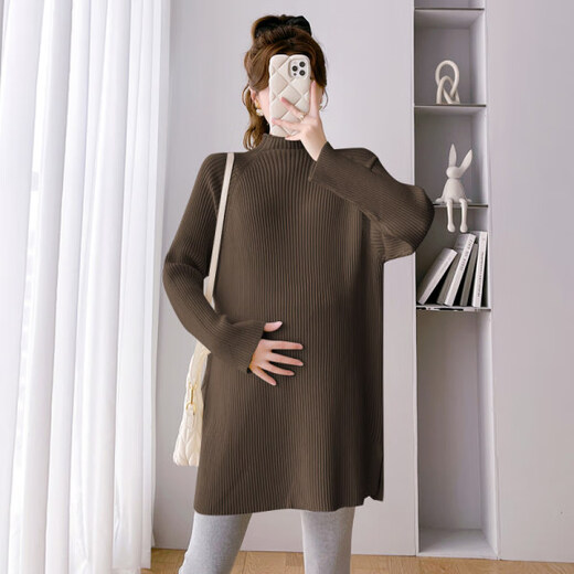 Ran Qiqi maternity wear, winter dress, fashionable going out top, fashionable mom personality, Internet celebrity belly-covering autumn and winter sweater, winter style, apricot XL