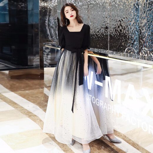 Vestido de noche de banquete de Maxbeth para mujeres New Black Long Temperament se puede usar en el disfraz de rendimiento del coro del anfitrión Black XL