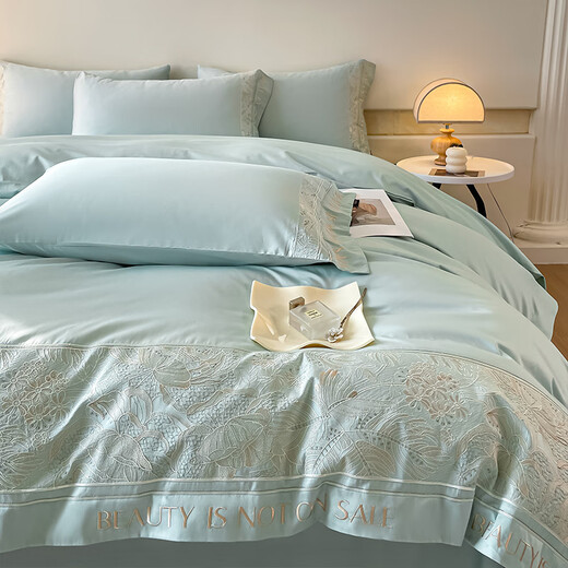 High-end maternal and infant grade Class A 100 count long-staple cotton four-piece floral embroidered quilt cover pure cotton light luxury bedding Class A maternal and infant heavy industry embroidered cotton/Yue-Tianshui Blue 1.8 bed sheet four-piece set-quilt cover 200x230