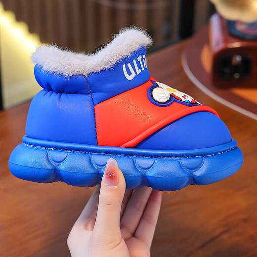 Candy Astringent Ultraman Odorless Waterproof Children's Cotton Slippers PU Leather Soft Bottom Anti-Slip Plus Velvet Warm Boy Baby Bag Heel Cotton Shoes SD34 Ultra M-Gray 32-33 Sizes Inner Length 19.5cm
