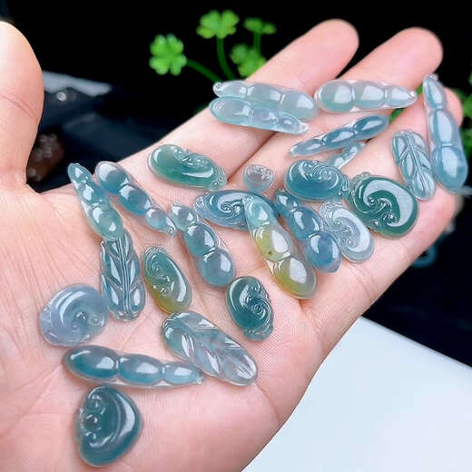 米聆天然A货冰种翡翠福豆树叶如意葫芦吊坠高冰透天空湖水蓝玉坠送证 XB694[福瓜]
