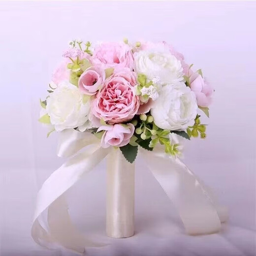 致仕手捧花新娘韩式婚礼结婚领证仿真花束森系婚纱摄影拍照道具手捧花 三生三世白+粉11朵