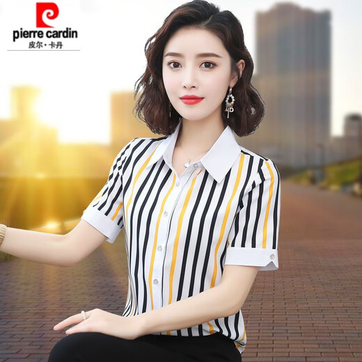 皮尔卡丹短袖竖条纹衬衫女2025夏季新款韩版百搭气质衬衣洋气小衫上衣 HGH6198黑色短袖 XL 【建议115-125斤】