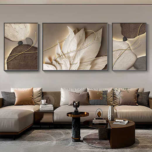 Meiyou Chunshi runs simple modern living room sofa background wall decoration painting light luxury high-end triptych painting feather hanging painting JD13796 left and right 35*50 middle 70*50 crystal porcelain aluminum alloy black frame