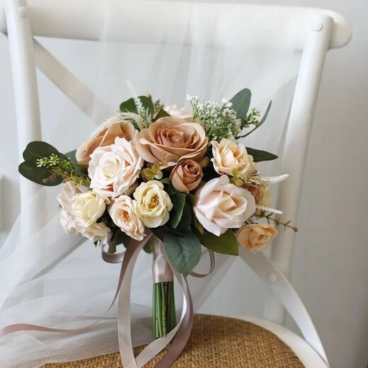 [New recommendation] Retro champagne brown bridesmaids wedding bouquets wedding travel photography simulation Three lives Three lives White + Champagne Peony bouquets