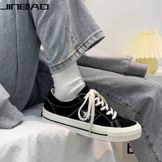 Jinbiao five-pointed star black 2021 new retro male and female students versatile Korean version ulzzang Hong Kong style ins canvas shoes male star low state-black 42 men